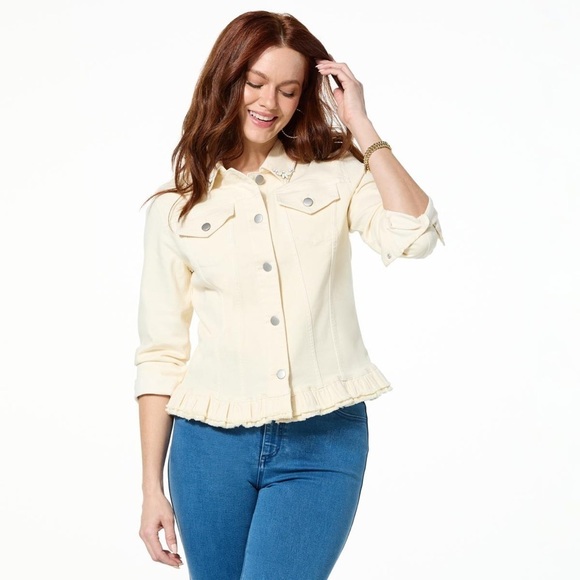 topmark Jackets & Blazers - DENIM TopMark Women's Cream Jacket with Ruffle Hem